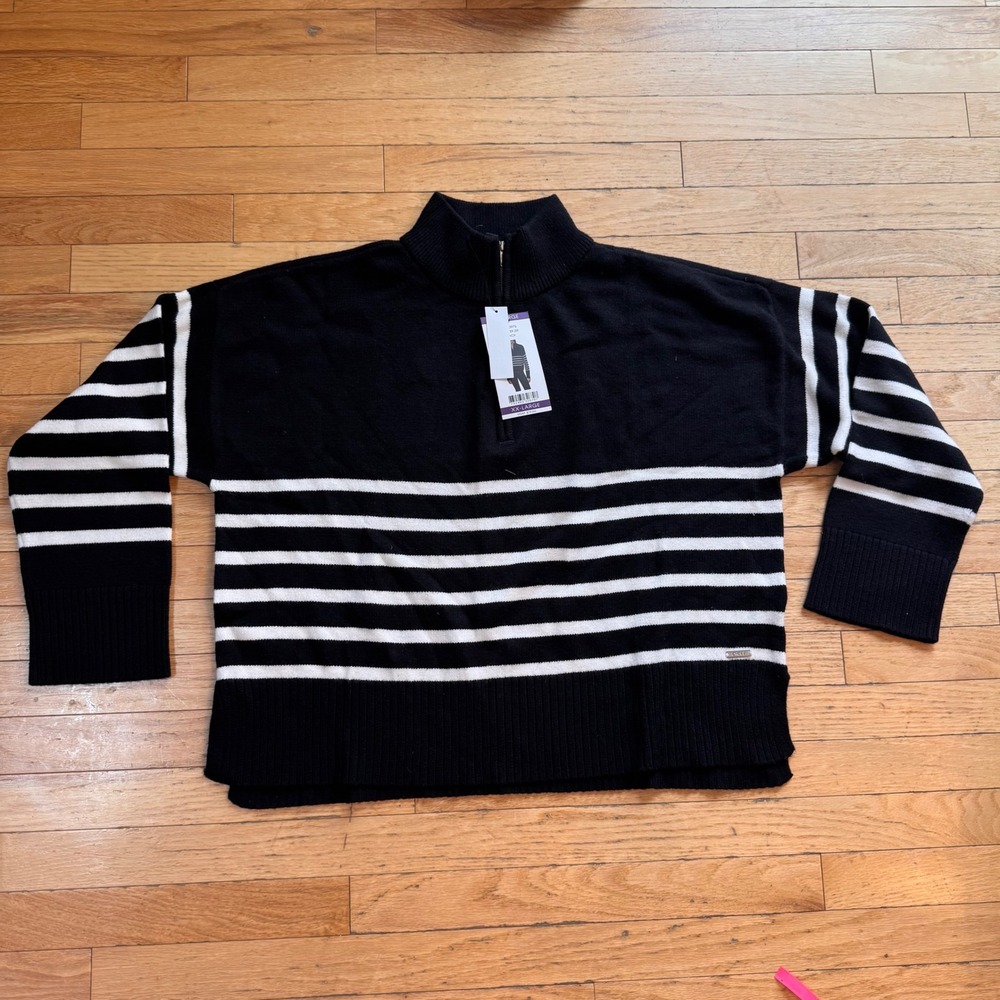 DKNY Womens Striped Quarter Zip‎ Pullover Sweater Black White XXL
